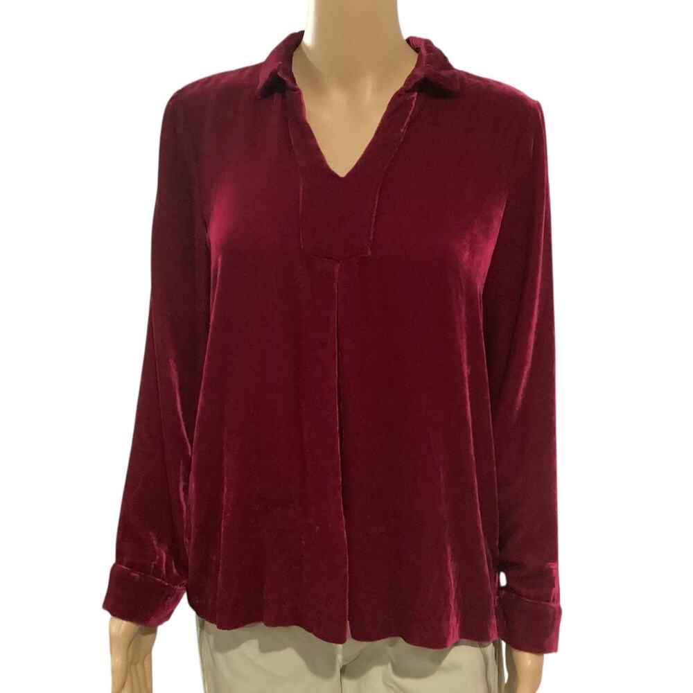 Sundance Red Silk blend Velvet Nuance Blouse Long Sleeve Split V-Neck size PS